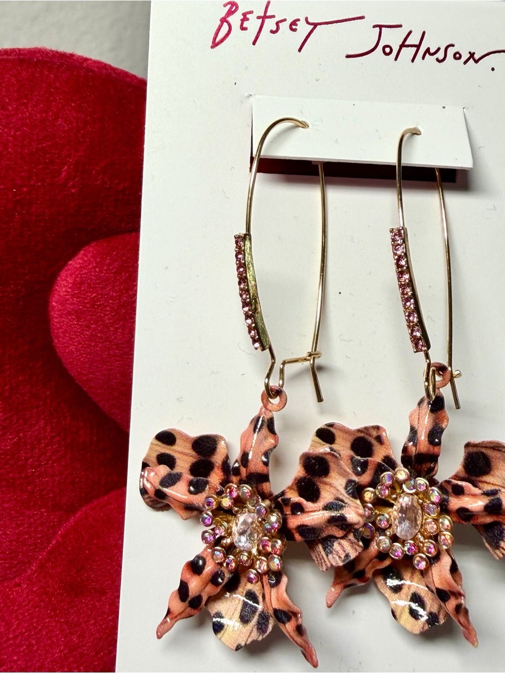 Betsey Johnson Pink Leopard-Print Crystal Orchid Flower Earrings. Alt Whimsigoth